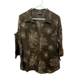 Tribal Brand Womens Brown Embroidered Button Down Blouse Top Size 12